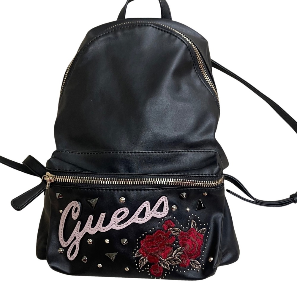 Guess Womens Black Faux Leather Floral Embroidered‎ Studded Backpack Y2K euc